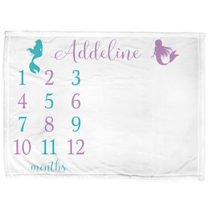 Mermaid milestone baby blanket baby growth blanket, purple and teal mermaid personalized gift, newborn girl monthly photo name blanket