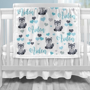 Wolf baby boy blanket in blue and gray, wolf personalized baby blanket, heart custom blanket, wolf gift, personalized blanket, choose colors image 1