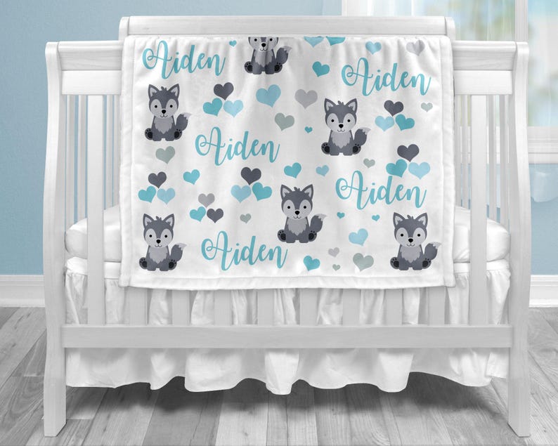 Wolf baby boy blanket in blue and gray, wolf personalized baby blanket, heart custom blanket, wolf gift, personalized blanket, choose colors image 1