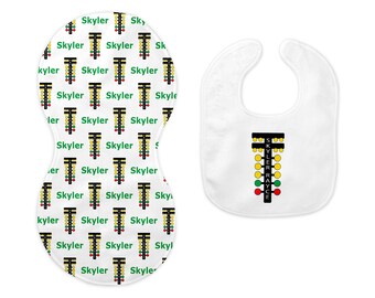 Personalized racing bib, burpcloth, or both, baby boy race theme bib with name, drag racing burp cloth with name, baby boy newborn gift