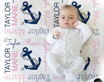 Nautical Baby Name blanket for Baby Girl, personalized baby gift, anchor blanket, girl baby blanket, personalized blanket , navy and pink