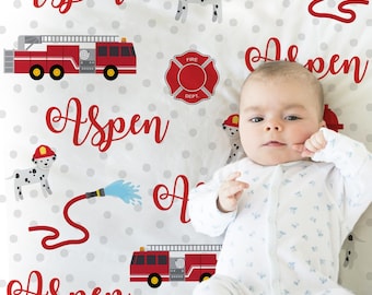 Fireman Baby Blanket Personalized: FireTruck and Dalmatian Dog Newborn First Responder Gift