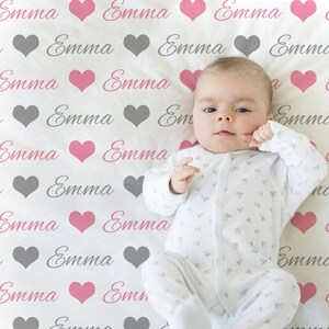 Baby girl hearts script name blanket, hearts personalized newborn girls blanket, pink and gray baby gift, (CHOOSE COLORS)