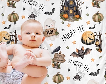 Personalized Halloween baby blanket with name, boys newborn bat, spider spooky swaddle blanket, Halloween theme baby shower gift