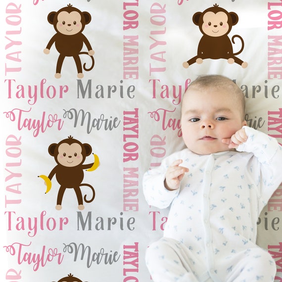 Couverture personnalisée pour bébé singe, couverture avec prénom