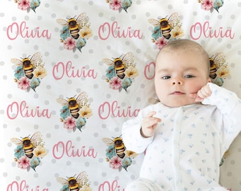 Manta de bebé niña con diseño de abeja floral, manta para recién nacido con diseño de abeja floral y nombre, regalo para niña con abejorros florales, manta de bebé personalizada con diseño de abeja