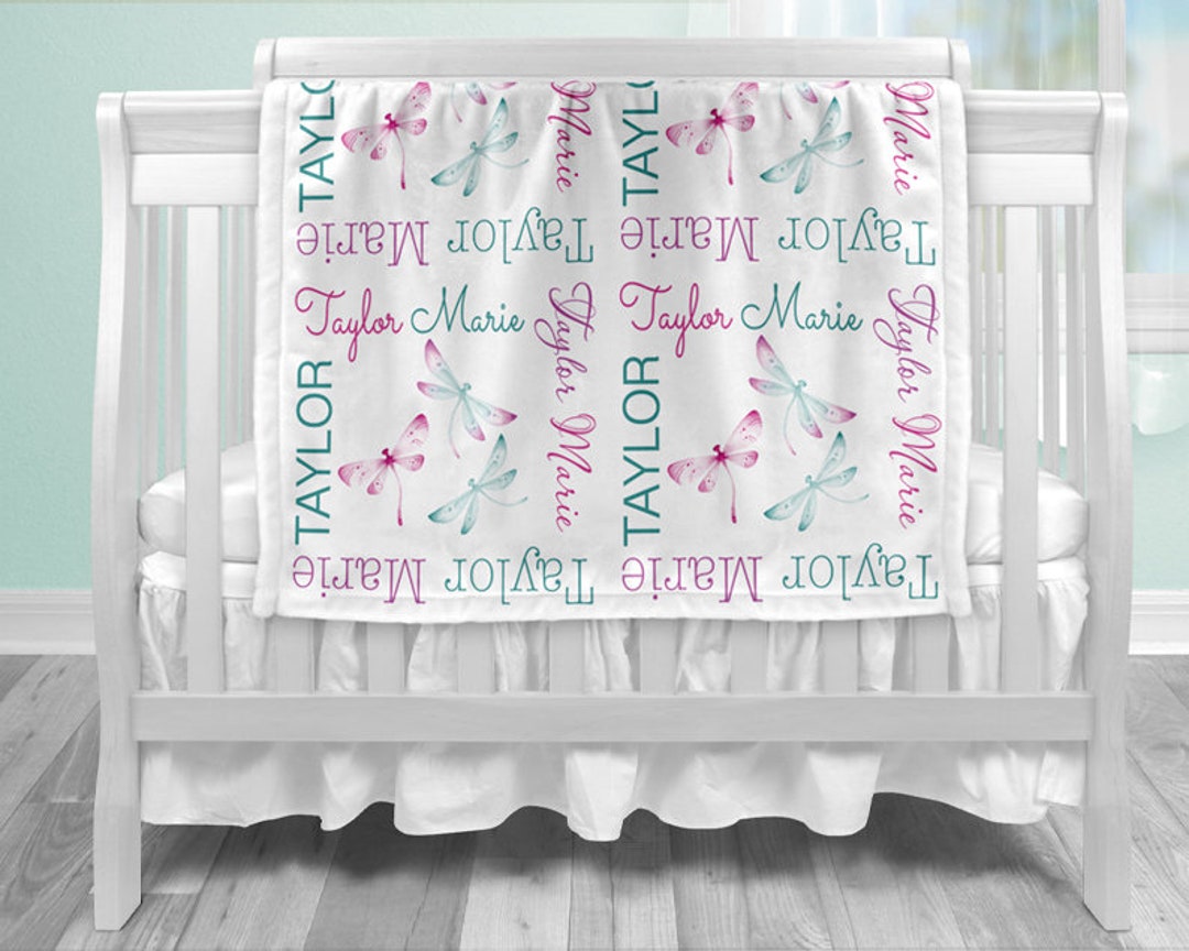 Girl Dragonfly Baby Blanket, Dragonflies Baby Blanket With Name, Girls