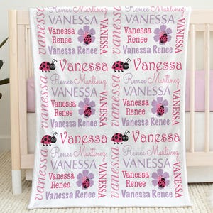 Lady bug baby blanket, ladybug and flower spring swaddle blanket, personalized newborn ladybug blanket with name, girls ladybugs gift
