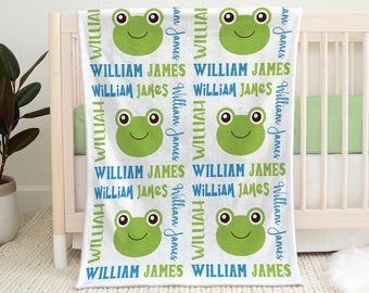 Personalized frog name blanket, cute frogs newborn baby blanket, baby boy or girl frog theme gift, froggy swaddle blanket (CHOOSE COLORS)