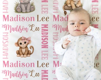 Safari animals baby blanket, newborn girl personalized newborn blanket with name, safari baby gift in pink, safari theme swaddle blanket