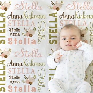 Flowers baby blanket, Forest Pink and Greens floral personalized swaddle blanket with name, newborn baby girl gift with chic pink flowers