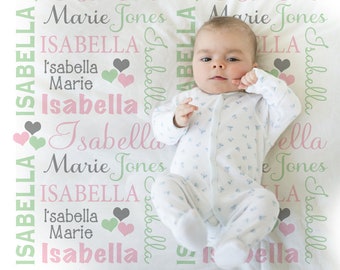 Hearts personalized baby name blanket, girls pink and mint heart newborn blanket, hearts swaddle blanket, heart baby gift (CHOOSE COLORS)