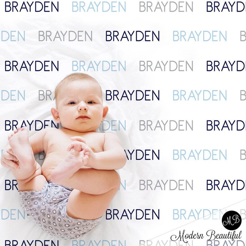 Repeating Name Baby Blanket Light Blue Navy and Gray Etsy