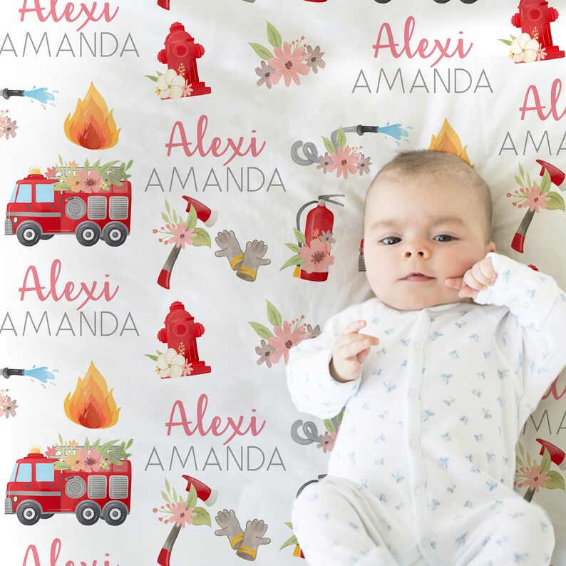 Fire trucks baby girl blanket, personalized fireman blanket with name, newborn first responder baby gift, baby boy or girl CHOOSE COLORS image 2