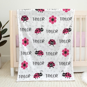 Personalized ladybug blanket custom newborn girls spring gift name blanket, ladybugs swaddle, bug baby gift