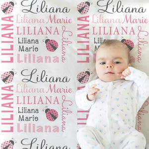 Ladybug baby girl blanket with name, personalized newborn ladybugs swaddle blanket, pink and gray ladybug baby gift, (CHOOSE COLORS)