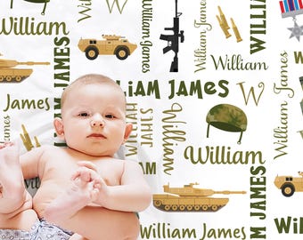 Military baby blanket, personalized army marines newborn blanket, tank baby blanket, personalized armed forces baby gift, boy name blanket