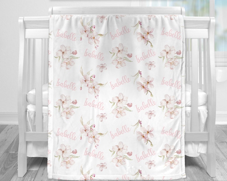Personalized floral baby blanket, cherry blossoms newborn swaddle blanket with name, watercolor floral girl baby gift image 2