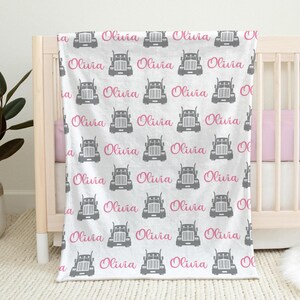 Pink trucker baby blanket with name, diesel girls newborn blanket, personalized big rig theme baby gift, trucker swaddle, boys or girls image 2