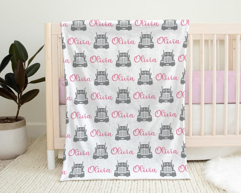 Pink trucker baby blanket with name, diesel girls newborn blanket, personalized big rig theme baby gift, trucker swaddle, boys or girls image 2