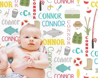 Fishing baby boy blanket, personalized baby fish swaddle blanket, newborn fishing pole blanket with name, cute fishing theme baby gift