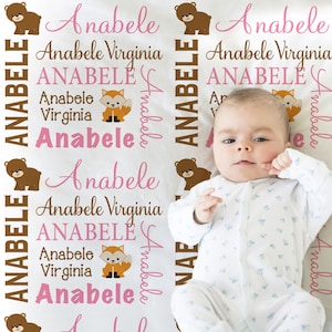 Woodland Animals baby blanket personalized pink girl forest animal blanket bear fox name gift newborn baby animal custom gift girl baby gift