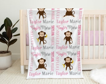 Personalized monkey baby blanket, monkeys baby name blanket, newborn monkey gift, cute monkey swaddle, boy or girl, (CHOOSE COLORS)