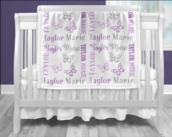 Butterfly baby girl name blanket, purple and gray swaddling blanket, girl butterfly blanket, butterfly blanket, baby shower gift, butterfly Il_570xn