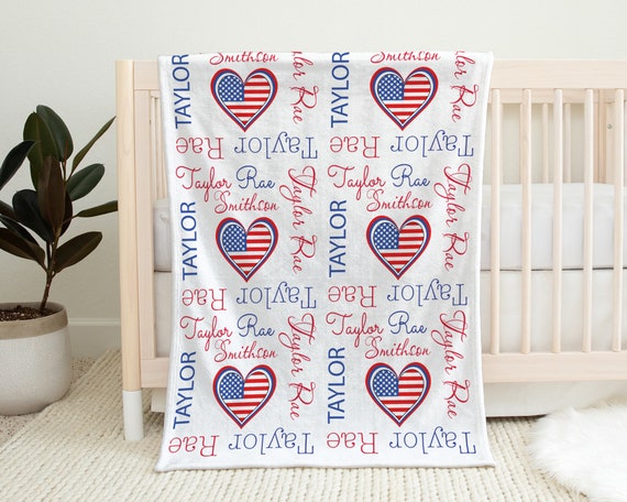 American flag heart baby blanket in red white and blue, personalized flag baby gift with name, american blanket, newborn swaddle with flags Il_570xn