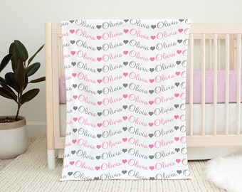 Baby girl blanket with hearts, personalized newborn chevron swaddle name blanket, cursive baby girls gift, repeating name blanket