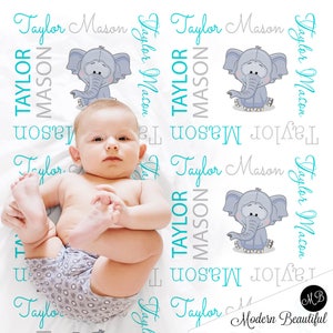 Elephant baby Blanket in blue and gray for boy, personalized baby gift, blanket, blanket, personalized blanket, photo prop, choose colors