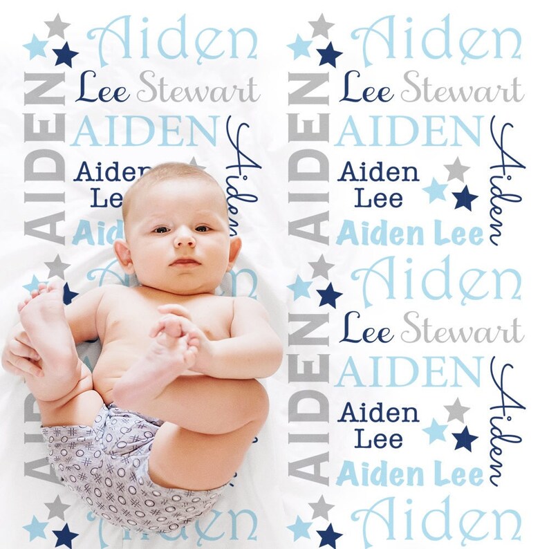 Star Name Blanket in Blue and gray for baby boys, personalized blanket, name blanket, baby blanket, personalized blanket, choose colors image 1