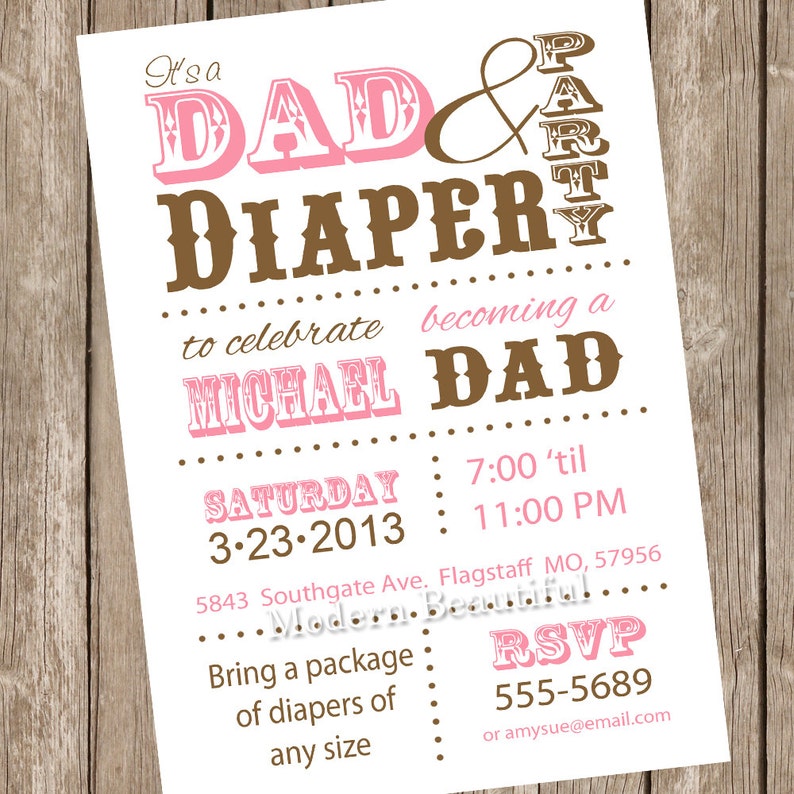 Dad Diaper Baby Shower Invitation Brown Pink Printable