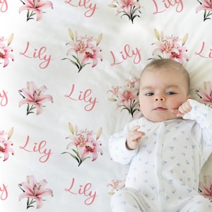 Lily personalized girls blanket, newborn baby name blanket with lily flowers, spring baby girl name swaddle, floral lillies baby gift