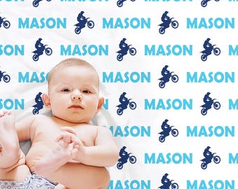 Motocross baby blanket, personalized dirt bike newborn blanket with name, motocross dirt bikes baby swaddle gift, boy girls (CHOOSE COLORS)