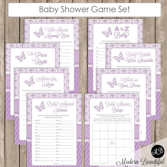 Butterfly Baby Shower Game Set Lavender Purple And Gray Butterfly Baby Shower Activity Set Bingo A To Z Baby Price Is Right Db01