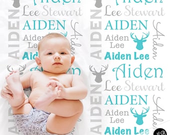 Antler baby name blanket, aqua and gray deer personalized swaddle blanket, baby boy or girl deer rack newborn baby gift