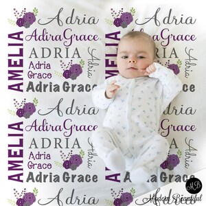 Flower baby blanket, personalized floral newborn name blanket, chic purple and gray flowers baby gift, girl swaddle blanket, CHOOSE COLORS