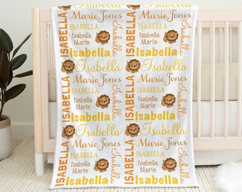 Lion baby girl blanket with name, personalized safari lion newborn swaddle blanket, baby boy or girl gift blanket with lion, (CHOOSE COLORS)