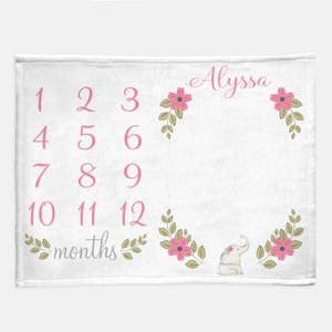 Elephant milestone name baby blanket, personalized monthly blanket, newborn floral elephant baby gift, watercolor elephants and flowers baby