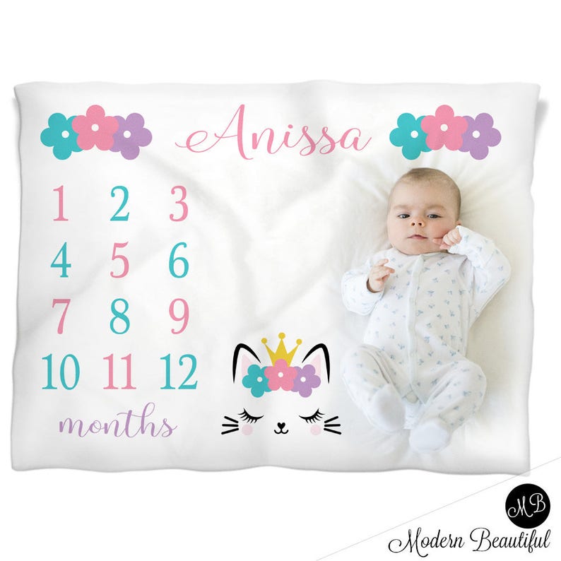 any color monthly milestone baby blanket baby growth kitty lashes blanket personalized baby gift Cat milestone photo baby blanket