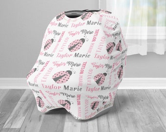 Personalized ladybug infant seat cover girl custom ladybug privacy cover pink newborn personalized baby name carseat cover ladybug baby gift