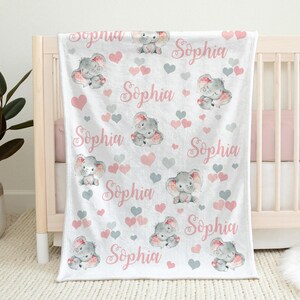 Elephant baby blanket, hearts elephant personalized name blanket, newborn baby swaddle blanket, watercolor elephant baby gift, pink and gray image 2