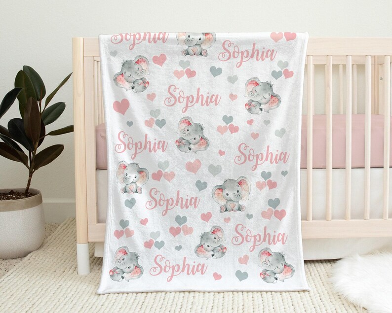 Elephant baby blanket, hearts elephant personalized name blanket, newborn baby swaddle blanket, watercolor elephant baby gift, pink and gray image 2