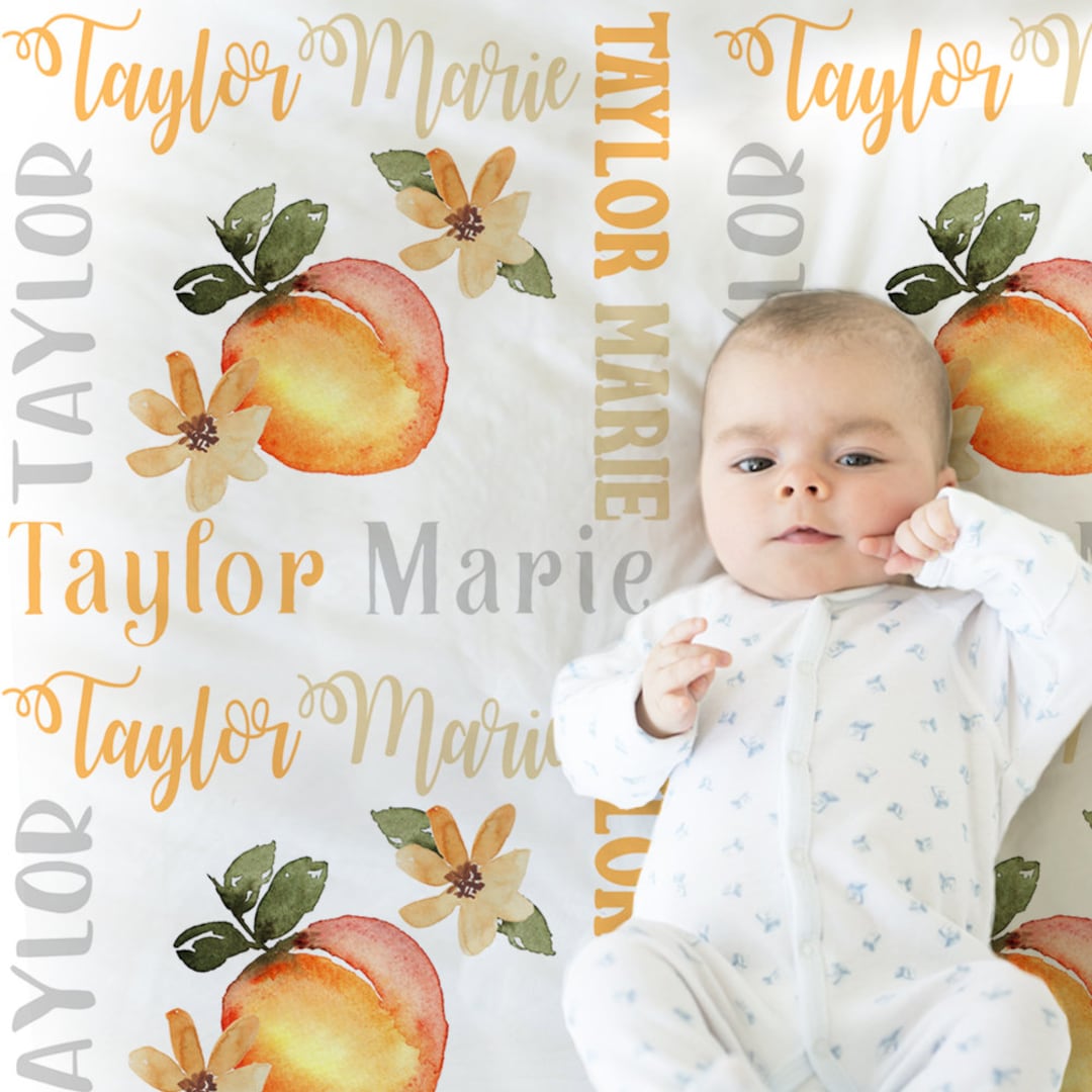 Personalized Girl Peach Baby Blanket, Orange and White Newborn Peaches
