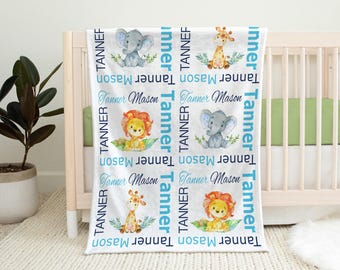 Manta personalizada para bebé niño con diseño de animales de safari, manta con nombre de animal para recién nacido, manta para envolver bebés con diseño de león, elefante o jirafa (ELIGE COLORES).
