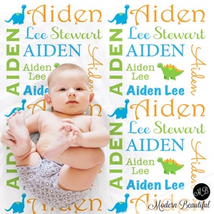 Personalized dinosaur baby blanket, newborn dino swaddle blanket with name, newborn dinosaur baby shower gift, cute dinosaur theme blanket