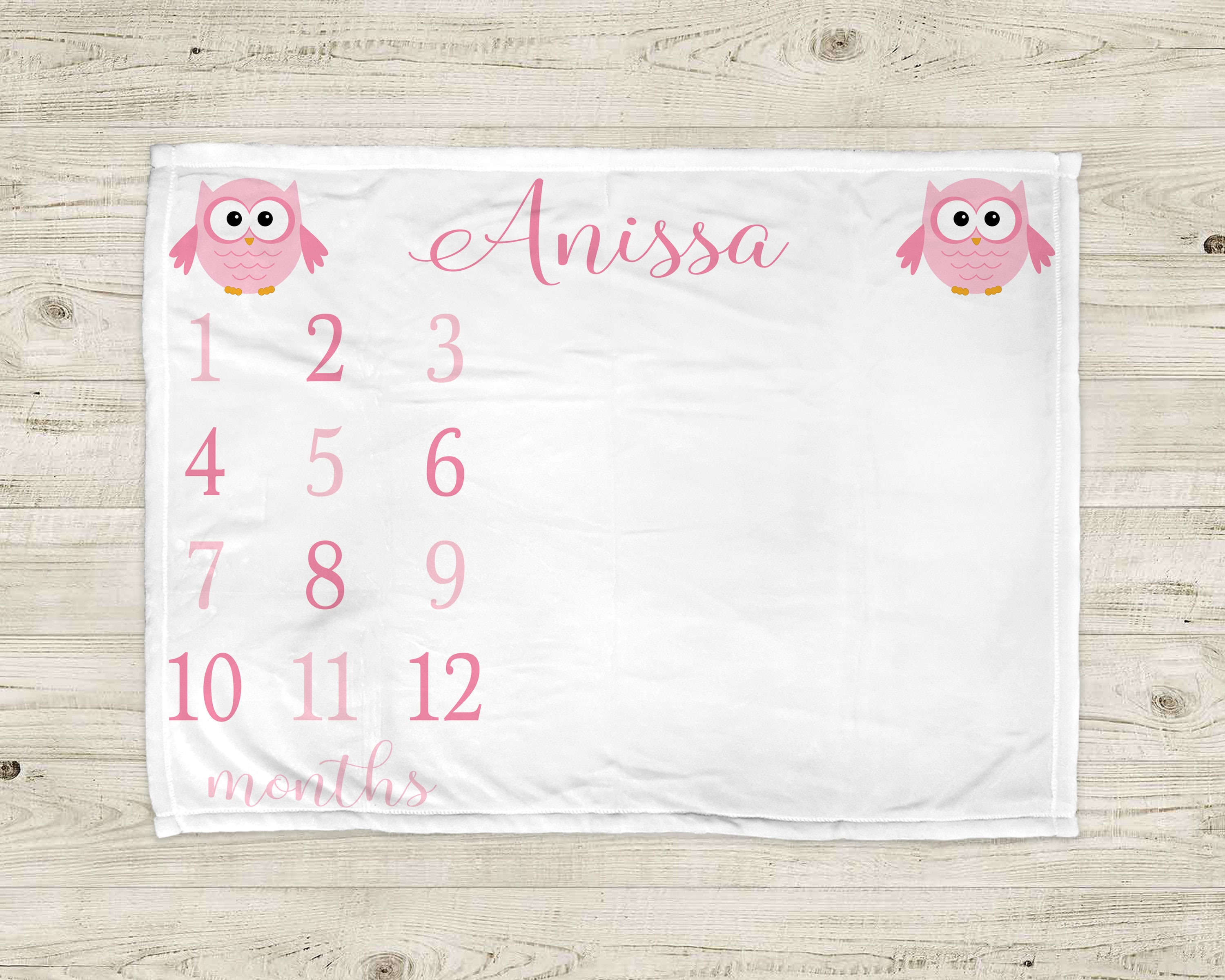 Owl milestone blanket, baby growth blanket, personalized baby gift, girl baby photo blanket, monthly
