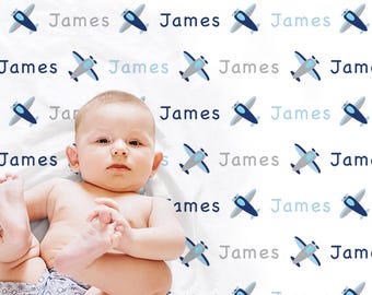 Personalized Airplane Baby Blanket, Custom Name Swaddle, Aviation Nursery Gift