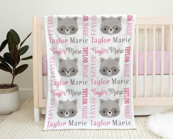 Raccoon Baby Blanket Pink and White Raccoon Girl Baby Blanket Personalized Baby Gift With Raccoons Pink Raccoon Baby Swaddle Blanket Etsy